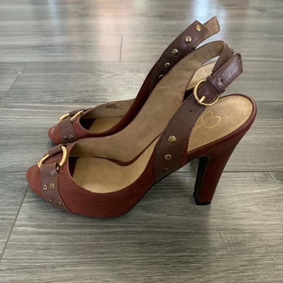 Jessica Simpson leather brown peep toe retro sling back career work heels 9.5B - Picture 3 of 12